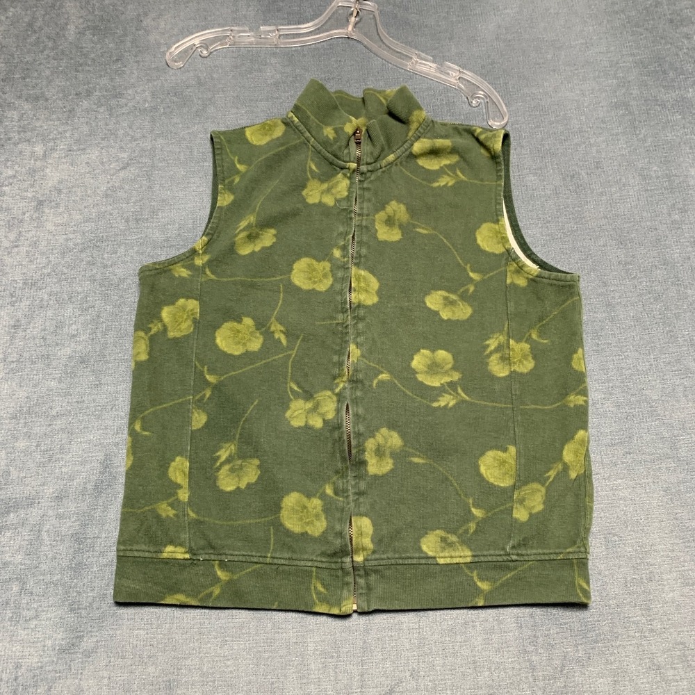 Caribbean Joe Vest Womens Small Olive Green Floral Full Zip Mock Neck Outdoor